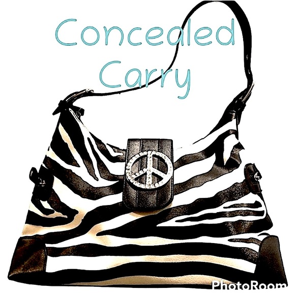 CONCEALED CARRY PURSE ZEBRA PRINT SHOULDER BAG OUTSIDE POCKET PEACE SIGN NEW13X9 - Picture 1 of 12